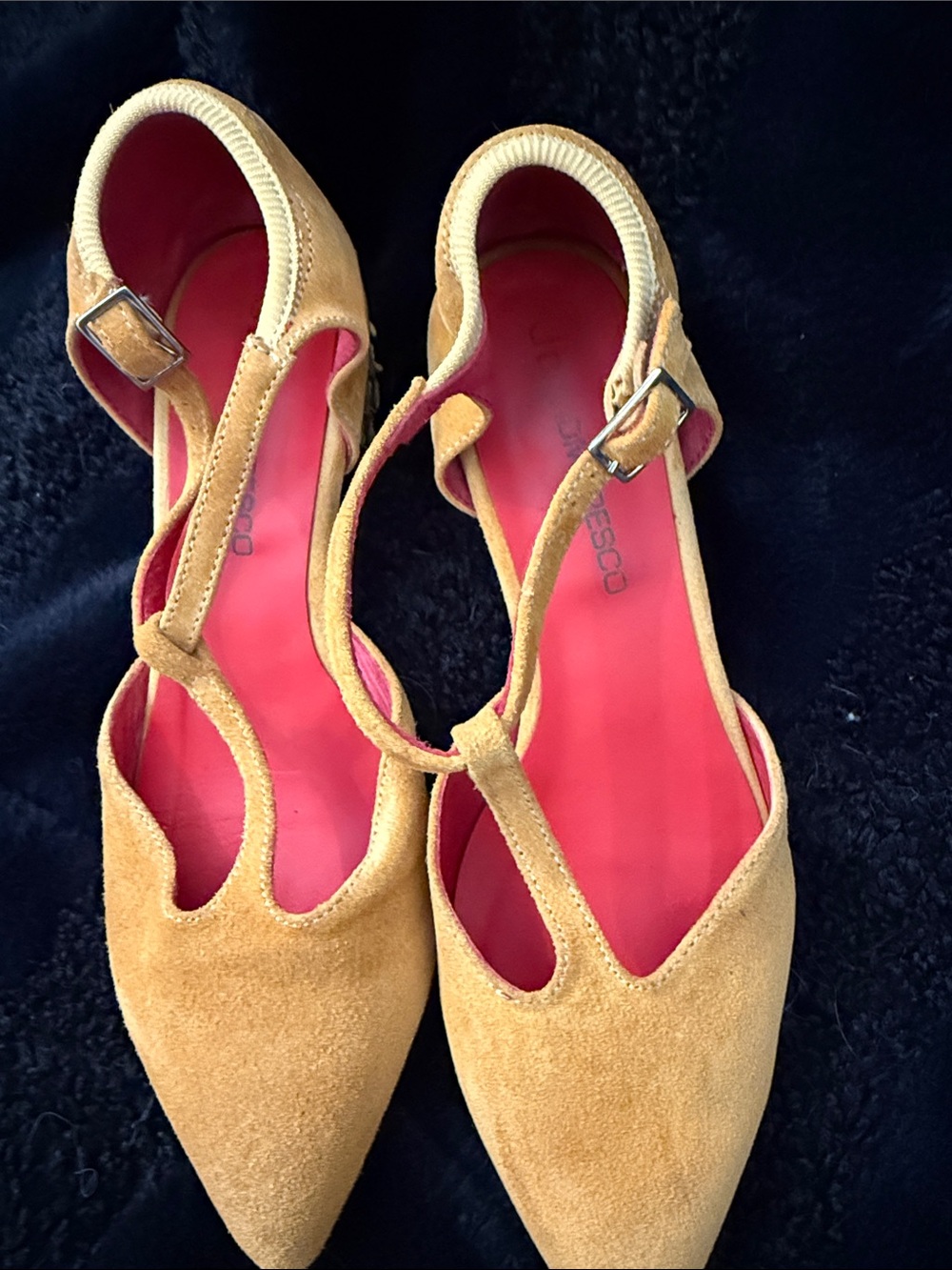 J David Moresco- made in Italy Women’s Mustard Suede snake heal Pointed T-Strap